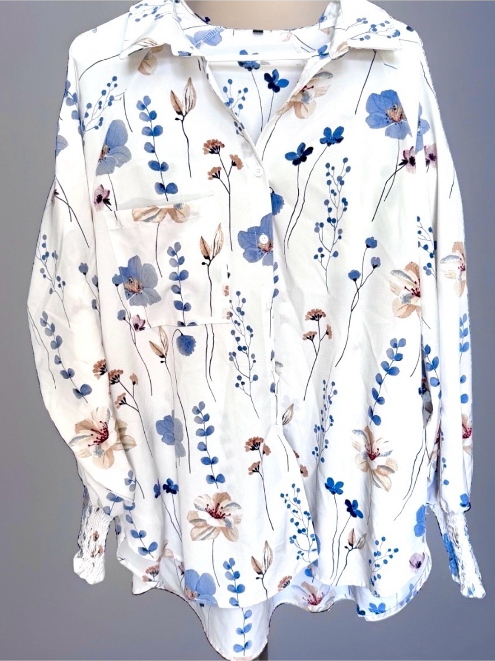 Womens Floral Print Long Sleeve Button Down Blouse 3X Plus Pastel Pockets NWOT